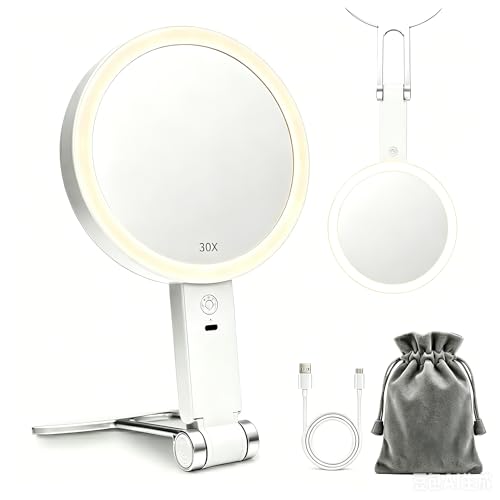 Travel Makeup Mirror with Lights, Rechargeable 30X/1X Magnifying Mirror White 5"L x 3"W