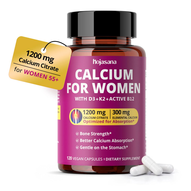 Calcium 1200 mg with Vitamin D3, Calcium Supplements for Women 55+ | High Absorption & Gentle Calcium Citrate with D3 K2 & Active B12 - Bone Density & Health, Non-GMO, Vegan, 120 Capsules