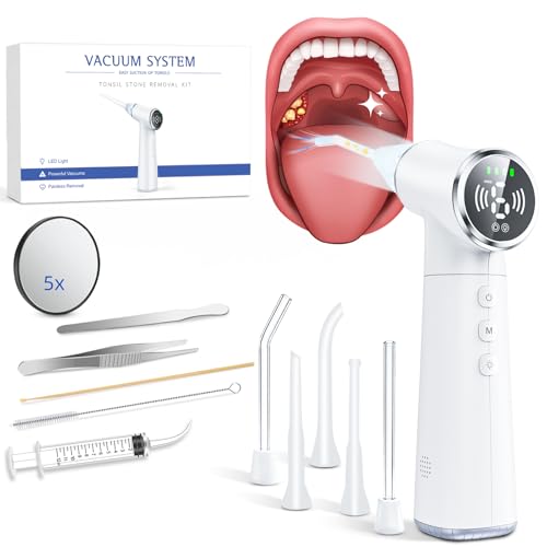 Electric Tonsil Stone Remover Vacuum USB Rechargeable, 6 Suction Levels for Bad Breath Relief, Painless Tonsillolith Removal Kit, LED Light, 11-in-1 Glass & Silicone Probes White