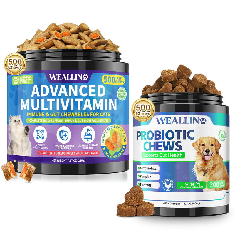 WEALLIN Cat & Dog Wellness Bundle, Taurine Cat Multivitamin Treats + Dog Probiotic Chews, Daily Nutrition, Gut Health, Digestive Support, Skin & Coat Care for Multi-Pet Homes