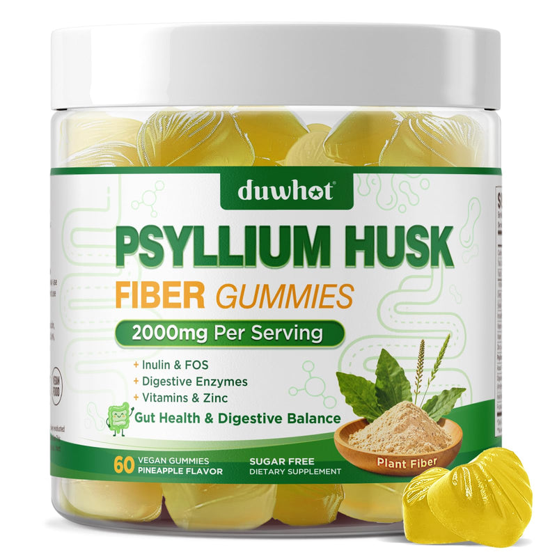 Psyllium Husk Gummies for Adults, 2000mg Psyllium Husk Fiber Supplements | With Acacia Fiber, Inulin & FOS, Digestive Enzymes for Gut Health & Regularity, Vegan, Sugar Free, Pineapple, 60 60 Count (Pack of 1)