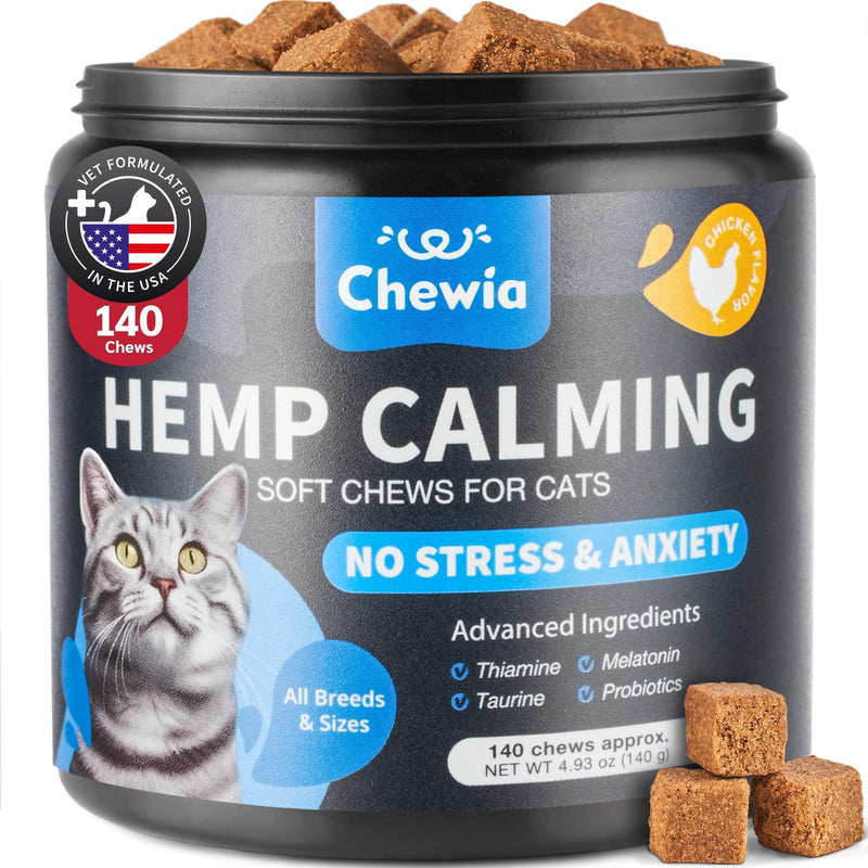 Cat Calming Treats - Hemp Calming Care for Cats - Cat Melatonin Soft Chews with Hemp Seed Oil and Probiotics - Cat Anxiety Relief - Storms, Travel, Grooming, Separation - Calming Chews for Cats 140 count