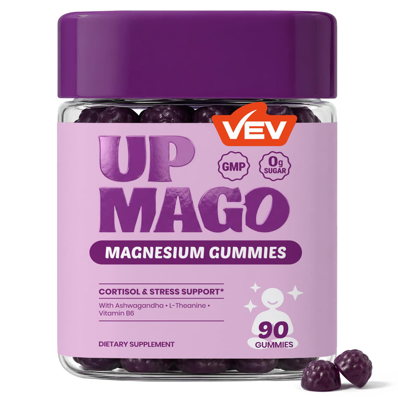 VEV UPMAGO Bisglycinate Magnesium Gummies, 90 Count | 4-in-1 Formula with Ashwagandha, L-Theanine & Vitamin B6, No Added Sugar, Vegan