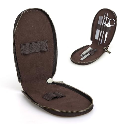 Hiram Handmade Leather Manicure Set Case 6 Slot Nail Tool Organizer Pouch with Elastic Bands & Loops Oil Nubuck Cowhide Travel Case for Grooming Kits Soft Leather Zip Closure 6 slots