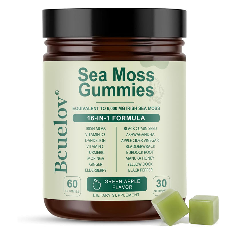 Sea Moss Gummies, 16-in-1 Blend with Ashwagandha, Black Seed Oil, Bladder Wrack, Turmeric, Vitamin C & D3, Manuka Honey, Burdock Root, Dandelion, Yellow Dock, Elderberry - Green Apple Flavor