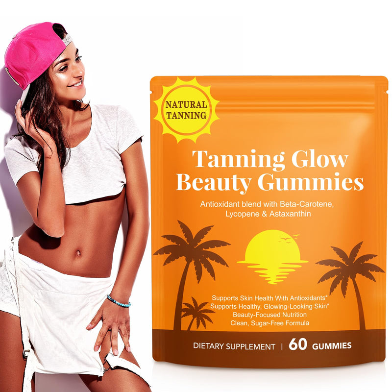 Tanning Gummies for Women, Tanning Gummies with Vitamin C & E, Astaxanthin, Beta Carotene & Lycopene Blend, Tanning Supplement Supports Healthy-Looking Skin, Sugar-Free, 60 Count