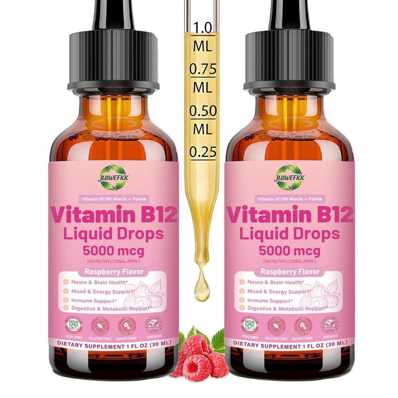 2Pack Liquid Vitamin B12 Drops 5000 mcg Extra Strength B12 Methylcobalamin | with B1 B6 B3 Folate Niacin -Fast Absorption Sublingual B-12 Drops for Energy Metabolism & Brain Function, Vegan B Complex Raspberry 1 Fl Oz (Pack of 2)