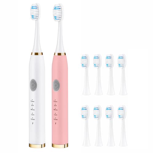 2 Pack Electric Toothbrush for Adults, Travel Electric Toothbrush Includes 10 Replacement Brush Heads, 5 Modes, 2 Hours Charge for 45 Days (White & Pink)