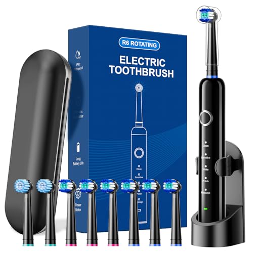 Electric Toothbrush for Adults, 8 Brush Heads (2 Types) & Travel Case, 5 Cleaning Modes Rechargeable Power Toothbrush with 2-Minute Smart Timer, Black