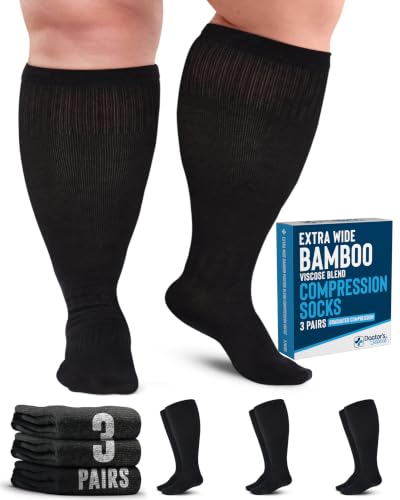 Doctor's Select® 3 Pairs Plus Size Compression Socks Wide Calf - Bamboo Viscose Knee High Socks | Circulation Support 4X-Large 02 - All Black - 3 Pairs