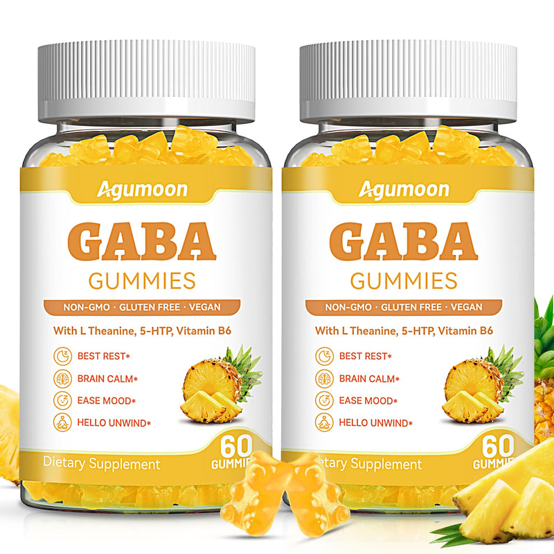 2 Pack GABA Gummies for Women & Men - Sugar-Free GABA Supplement Gummies with L-Theanine, 5-HTP, Ashwagandha, Magnesium Glycinate, Vitamin B6, Vitamin D3 - Pineapple Flavor, Vegan, 120 Gummies