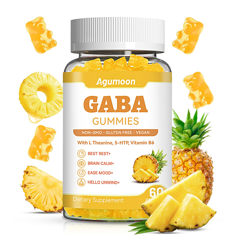 GABA Gummies for Women & Men - Sugar-Free GABA Supplement Gummies with L-Theanine, 5-HTP, Ashwagandha, Magnesium Glycinate, Vitamin B6, Vitamin D3 - Pineapple Flavor, Vegan, 60 Gummies