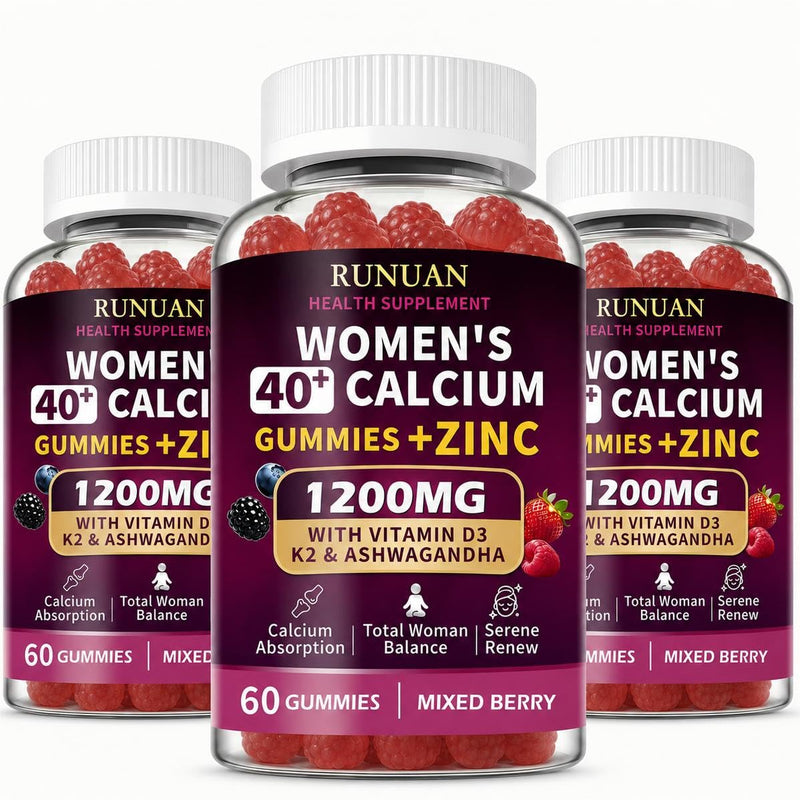 3PACK 1200mg Calcium Gummies for Women 40+ with Magnesium Zinc D3 K2 B12 B6 | Calcium Citrate Chews Gummy with High Absorption For Bone, Teeth, Muscle, Energy Immune Support, Vegan, Sugar Free, 180 Count 60 Count (Pack of 3)
