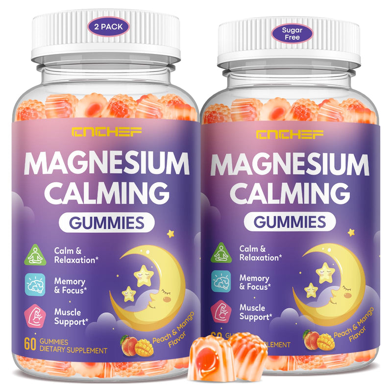 2PCS Magnesium Calming Gummies for Kids 4+ & Adults, Sugar Free Magnesium Supplement with L-Theanine, Chamomile, Vitamins B6, D3, K2, Zinc for Sleep, Relaxation, Focus & Muscle Support Mango & Peach 60 Count (Pack of 2)