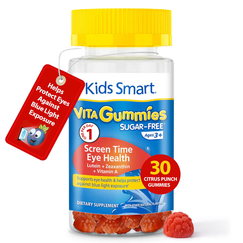 KIDS SMART Screen Time Eye Health Lutein Gummies, Vision Support, Kids 3+ | Lutein, Zeaxanthin + Vitamin A, Sugar-Free Vegan Gummies, Filters Blue Light from Screens, Supports Vision & Eyes, 30 Count