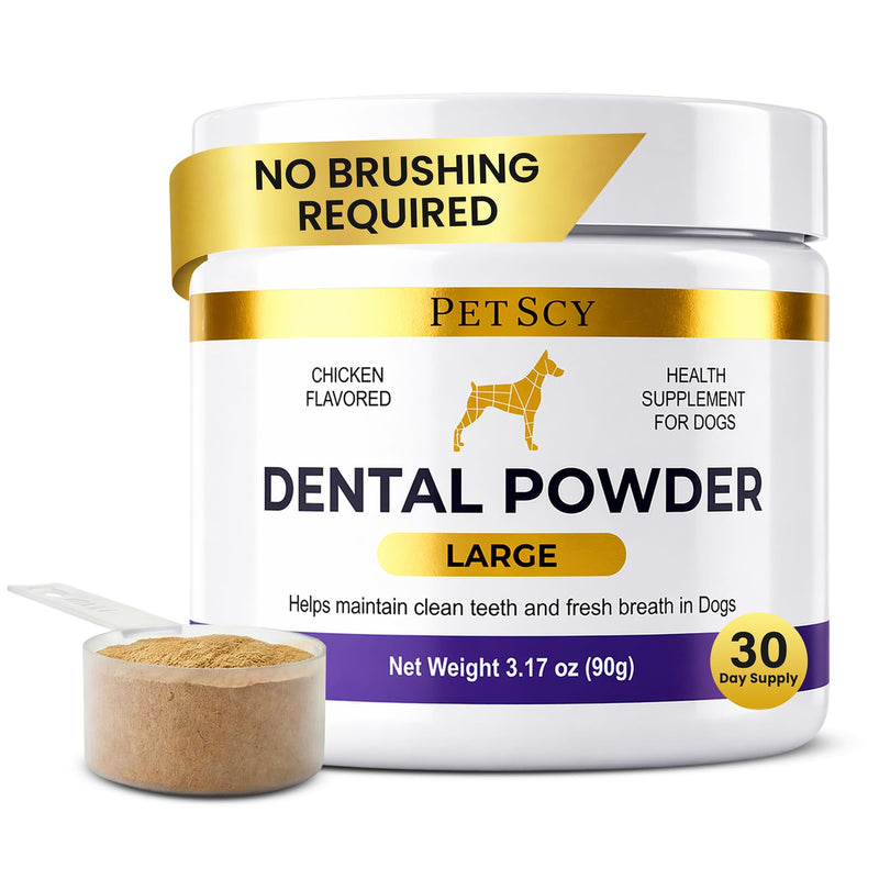 Petscy Dog Dental Powder for Teeth Cleaning & Fresh Breath Support | Helps Reduce Tartar Build Up | Plaque Off No Brush Dog Teeth Cleaning Powder & Breath Freshener | Daily Food Topper (Large Dogs) Large