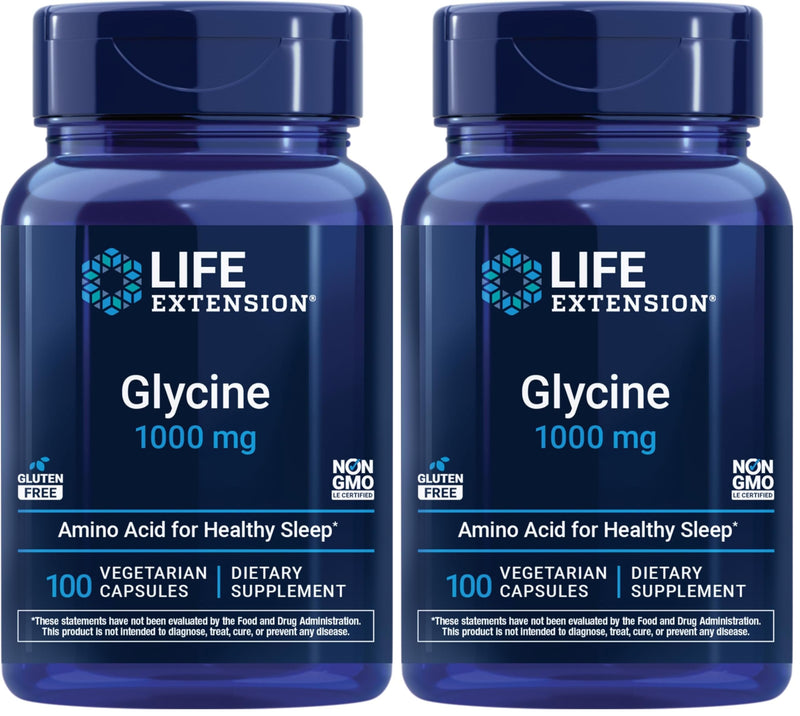 Life Extension Glycine, 1000 mg, Amino Acid that Promotes Healthy Sleep, Gluten-Free, Non-GMO, Vegetarian, 100 Capsules (Pack of 2) 100 Count (Pack of 2)