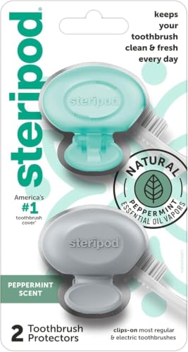 Steripod Clip-On Toothbrush Protector with Peppermint Essential Oils, Keeps Toothbrush Fresh and Clean, Travel Accessories, Fits Most Manual and Electric Toothbrushes, 2 Count (Pack of 5) Teal,grey 2 Count (Pack of 5) Essentail Oil - Peppermint