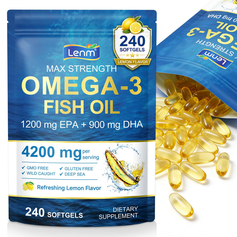 Omega-3 Fish Oil, Lemon Flavor 240 Softgels 4200mg Omega 3 Supplements with 1200mg EPA & 900mg DHA, Wild Caught ﻿