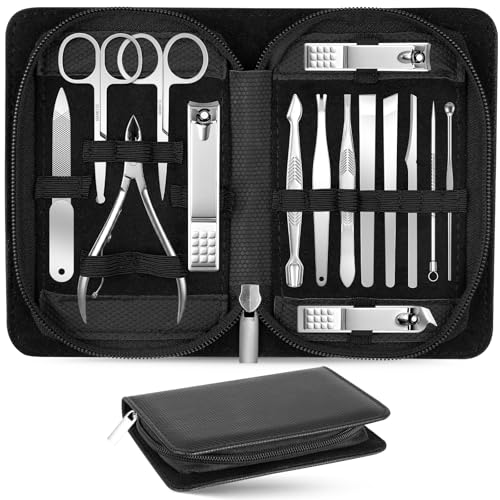 Nail Clippers Set - 15 Pcs Professional Manicure Pedicure Kit Gifts for Fathers Day Men Women, Stainless Steel Fingernail Toenail Cutters, Nail Care Grooming Tools with Luxurious Leather Travel Case