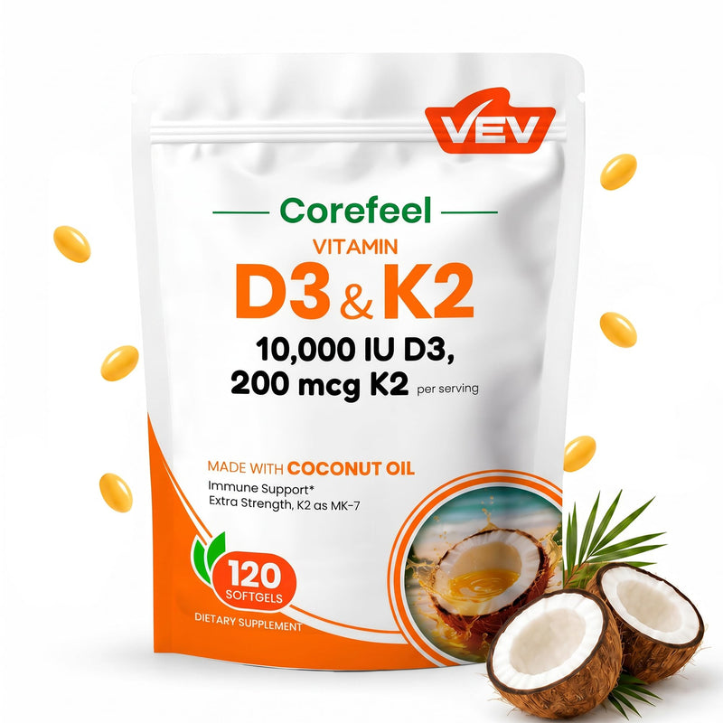 VEV Corefeel Vitamin D3 K2 10,000 IU, 200 mcg K2, 120 Coconut Oil Softgels | K2 as MK-7, 2-in-1 Vitamins D & K, Easy to Swallow