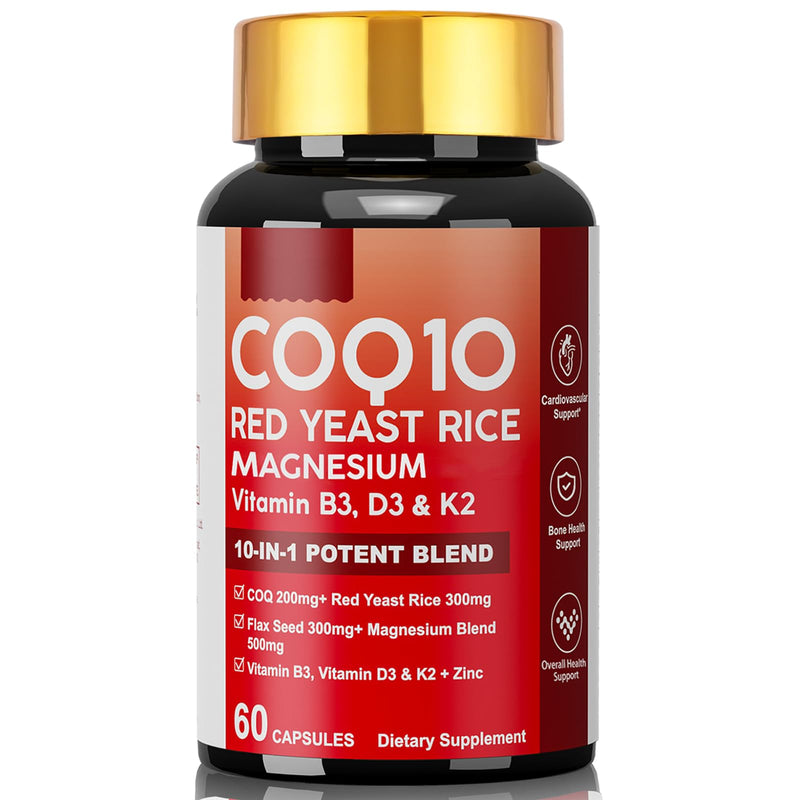 10 in 1 CoQ10 Supplement with Magnesium, Red Yeast Rice for Women & Men | Coenzyme Q10 Complex as Ubiquinone with Vitamin D3, K2, B3, Zinc, Antioxidant Support Heart Energy & Brain Health 60 softgels 60 Count (Pack of 1)