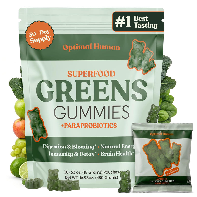 O H Optimal Human Adult Green Gummies, Superfood Greens & Probiotics, 30 Ct | Adult super greens gummies with a 4-strain paraprobiotic for daily greens, fruits & gut support, no powder needed
