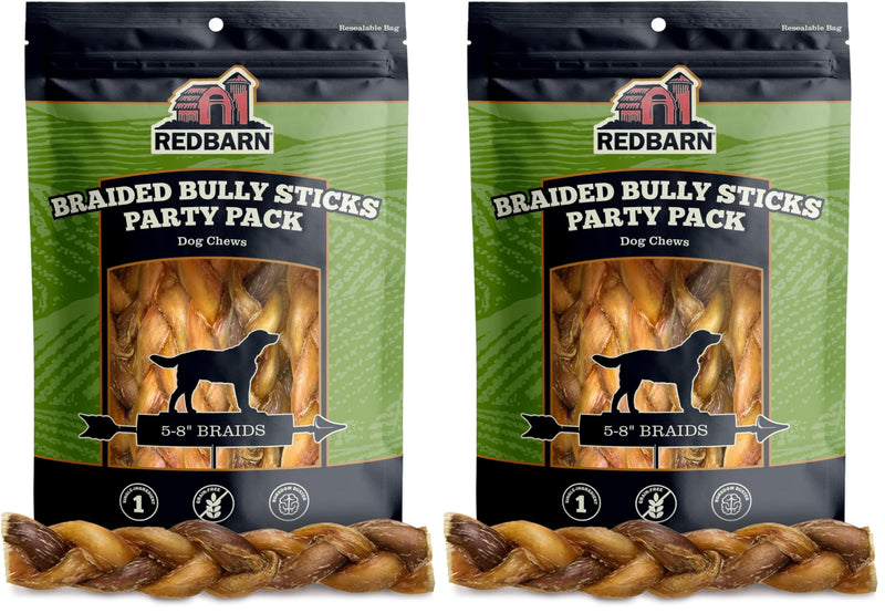 Redbarn Pet Products All Natural 5"-8" Braided Bully Sticks for Small & Large Dogs - Healthy Long Lasting Beef Chews Variety Party Pack - Single Ingredient Low Odor Rawhide Free - 8 oz Bag (Pack of 2) 8 Ounce (Pack of 2)