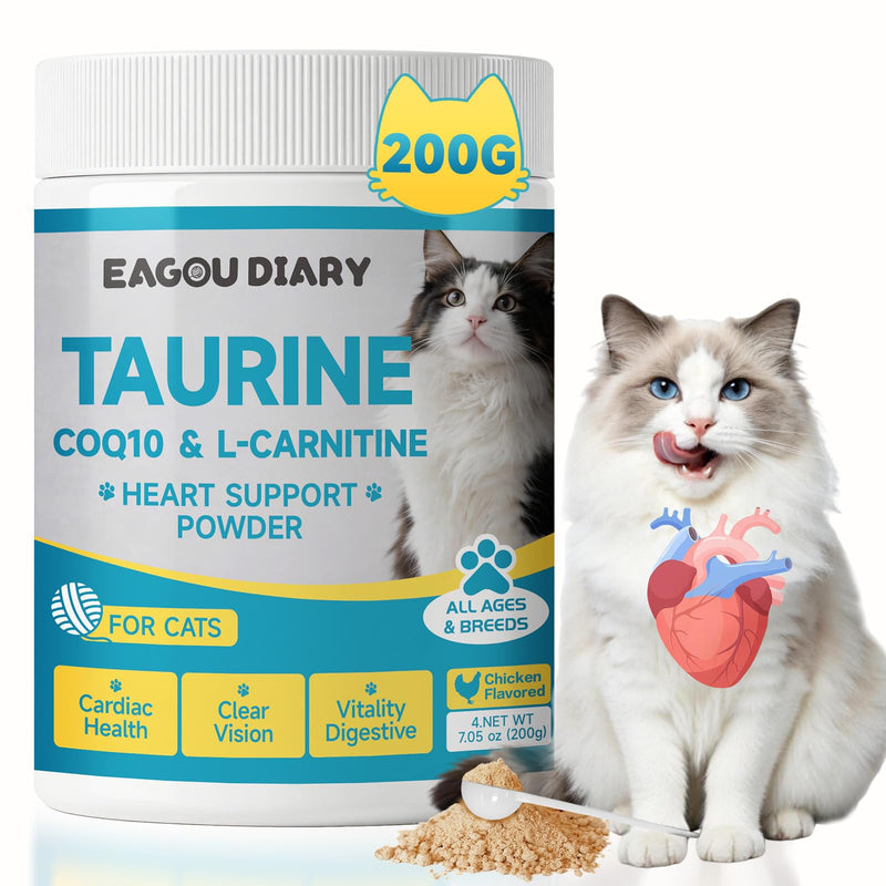 Taurine for Cats - Taurine Powder for Cats, Supports Feline Heart & Vision, Immune, Energy & Vitality, Coenzyme Q10, L-Carnitine, L-Lysine, Vitamin, Taurine Supplement for Cat Taurine Powder, 200g