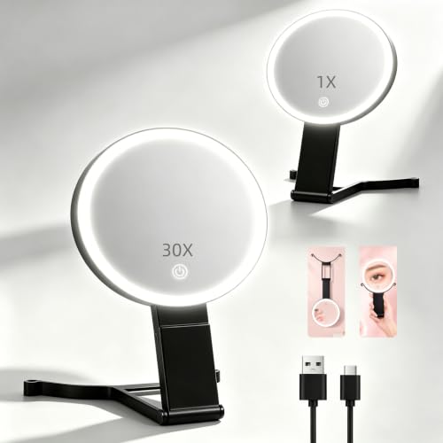 30X/1X Makeup Magnifying Mirror with Lights, 6inch Double-Sided LED Mirror [30x]black