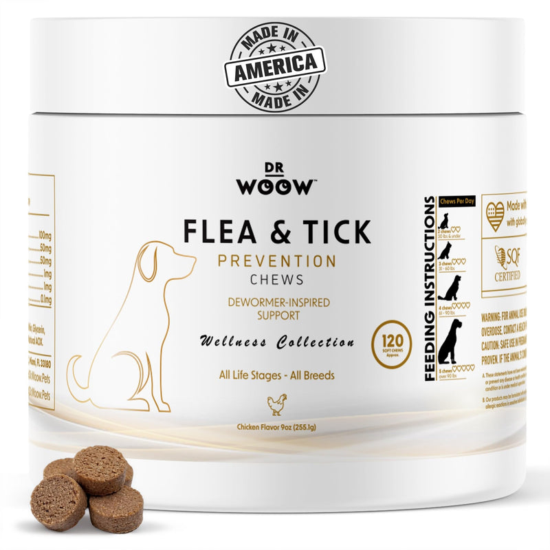 Dog Flea & Tick Prevention Chews – Daily Defense Supplement for Parasites, Gut & Immune Support – Natural Formula Soft Chews – Made in USA – Dr. Woow (120 Ct) Flea & Tick Relief