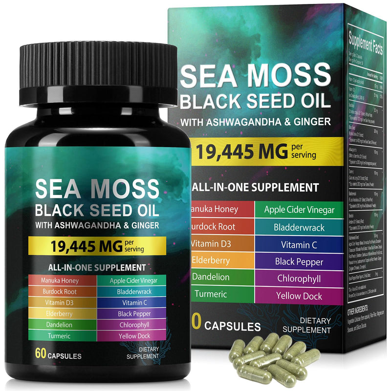 Sea Moss Black Seed Oil Ashwagandha Ginger, Sea Moss Capsule Supplement with Turmeric Bladderwrack Burdock & Vitamin C Vitamin D3, Enhanced Immunity & Energy, 60 Capsule 60 Count (Pack of 1)
