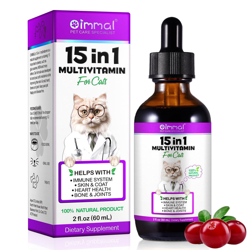 Cat Vitamins,15 in 1 Cat Multivitamin Liquid Drops Supplements for Heart Health, Bones, Joint, Skin & Coat, Digestion, Immune System Support, 60ml