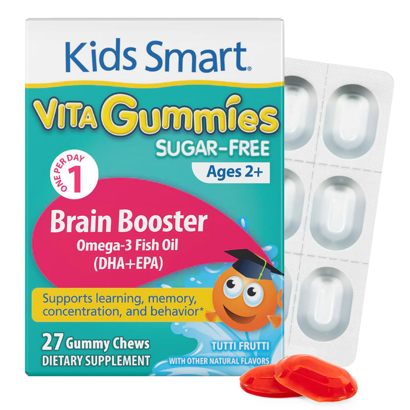 KIDS SMART Brain Booster Omega-3 DHA EPA Gummies, Focus & Memory, Kids 2+ | Omega-3 DHA + EPA Fish Oil Gummies, 27 Count, Sugar-Free, Gluten-Free, Non-GMO, Supports Focus, Memory, Learning & Behavior