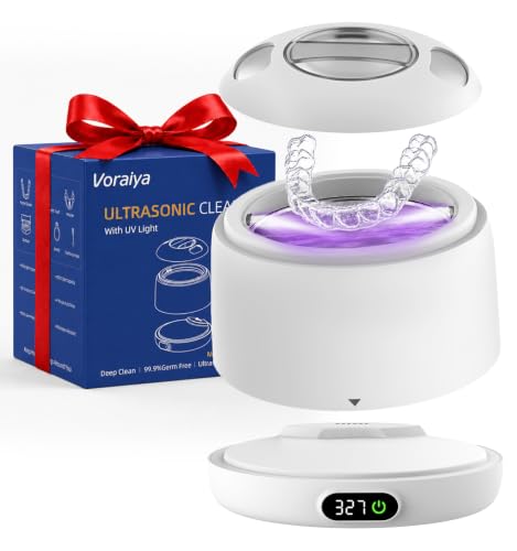 Voraiya Ultrasonic Retainer Cleaner Machine Waterproof Base and Denture Pod Ultra Sonic Cleaner Machine for Aligner, Retainers, Mouth Guards, Night Guards, Dental Trays Braces, Toothbrushes White