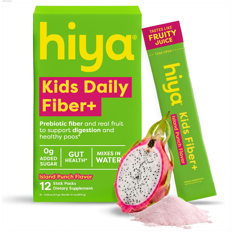HIYA Kids Daily Fiber+ with Prebiotics, 12 Sticks, Island Punch Flavored | 10 Billion CFUs, Pediatrician Formulated, Non-GMO, No Dyes, No Gummy, for Ages 2+, Third-Party Tested, 0g Sugar