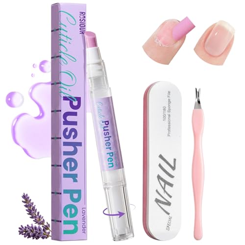 Cuticle Pusher Oil Pen for Nails, 3 in1 Ceramic Cuticle Remover with Oil Lavender