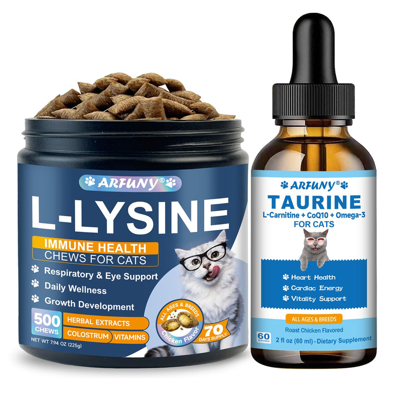Cat Lysine Chews & Taurine Supplement for Cats - Support Immune Health, Normal Eye Function and Respiratory Health - Cat Taurine Drops with L-Carnitine, CoQ10, Omega-3, L-Ar