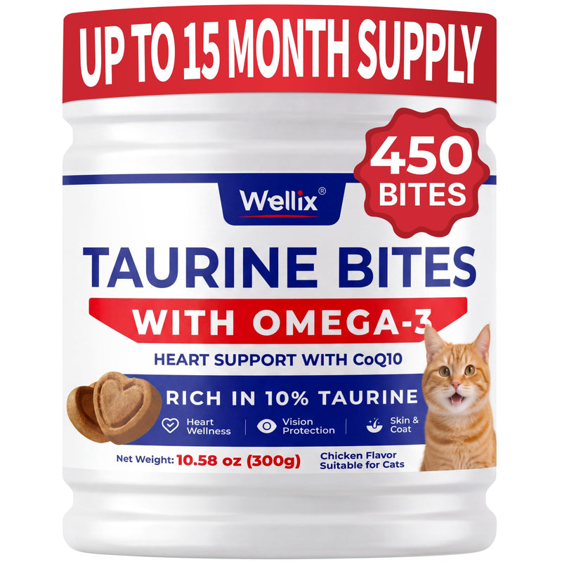 Wellix 450 Bites Taurine for Cats for Heart & Eye Health – Taurine Supplement with Omega-3, CoQ10 and Vitamins for Cats – Heart and Eyes Support for Kitten, Adult & Senior Cats 10.58 oz
