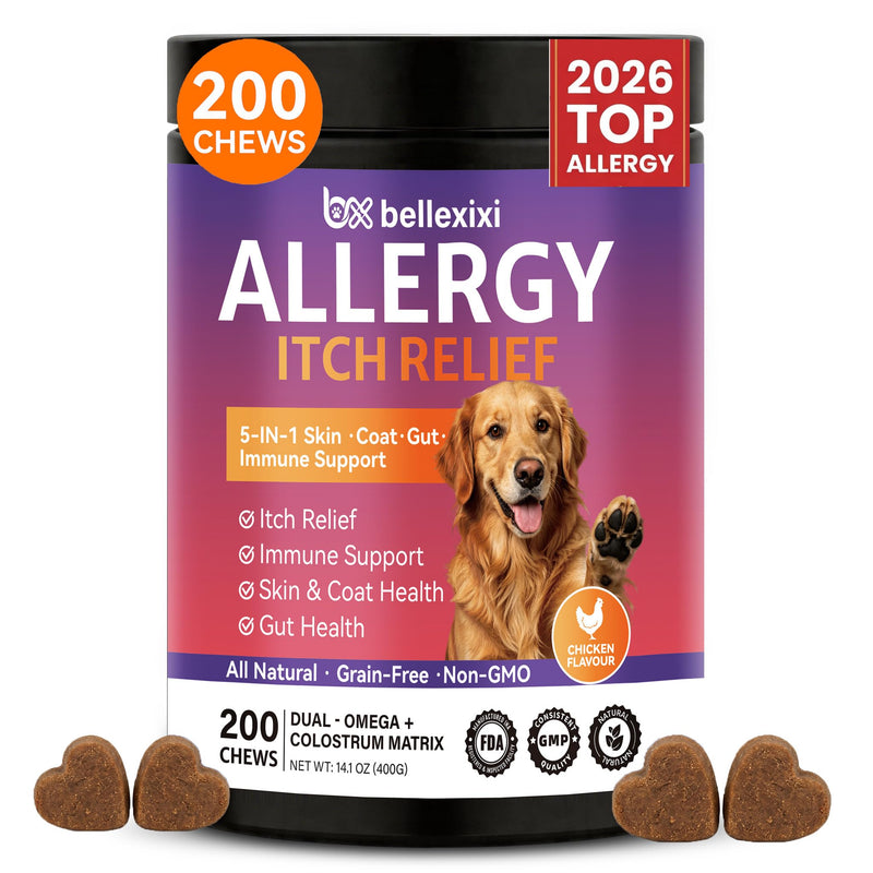 Dog Allergy Chews 200ct - Seasonal Allergy & Itching Skin Relief for Dogs - Soft Chews with Colostrum, Probiotics & Omega 3 for Licking Paws, Hot Spots & Immune Support - Chicken Flavor (14.1 OZ) 200 Chews