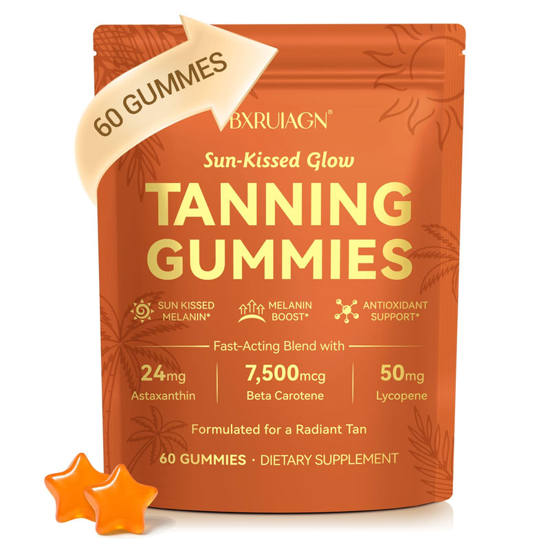 Tanning Gummies, Sunless Tanning Supplement for Women and Men, with Beta Astaxanthin, Carotene, Lycopene, Collagen & Vitamins | Skin Radiance & Hydration | Vegan & Sugar Free - 60 Count Orange