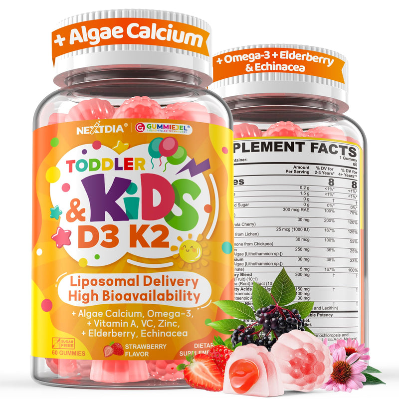 Nextdia Toddler 2-3 & Kids Vitamin D3 K2 + Calcium 500mg / 250mg Gummies | 1000 / 2000 IU D3 w/ Omega3 DHA, Elderberry, Mag, Teens Kids Vitamin ADK, Bone, Calcium Absorption, Immune, Brain, Sugar-Free