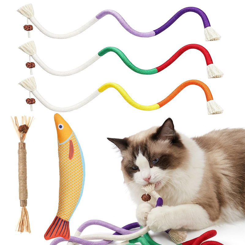 Cat Toys Chew Ropes & Natural Silvervine Sticks Cat Toys & Saury Fish Cat Chew Toys, Safe Dental Care Teeth Cleaning Toy for Indoor Cats Kittens, Interactive Catnip Kitty Toys for Aggressive Chewers