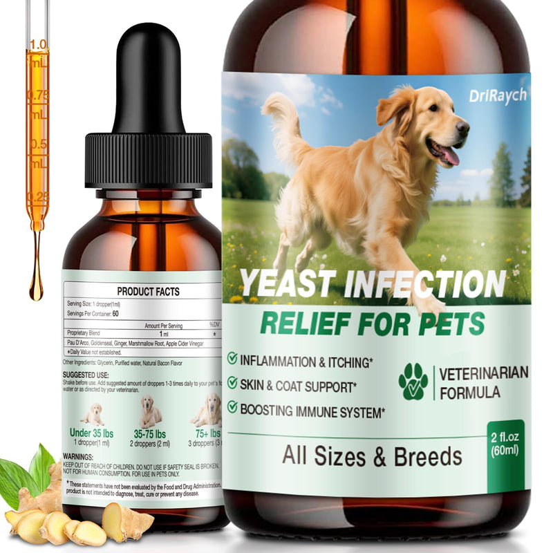 Yeast Infection Treatment for Dogs, Natural Dog Yeast Infection Treatment, Ear & Skin Itch Relief, Reduces Inflammation & Irritation, Herbal Dog Supplement Drops with Probiotics & Multivitamins, 2 FL 1 PACK