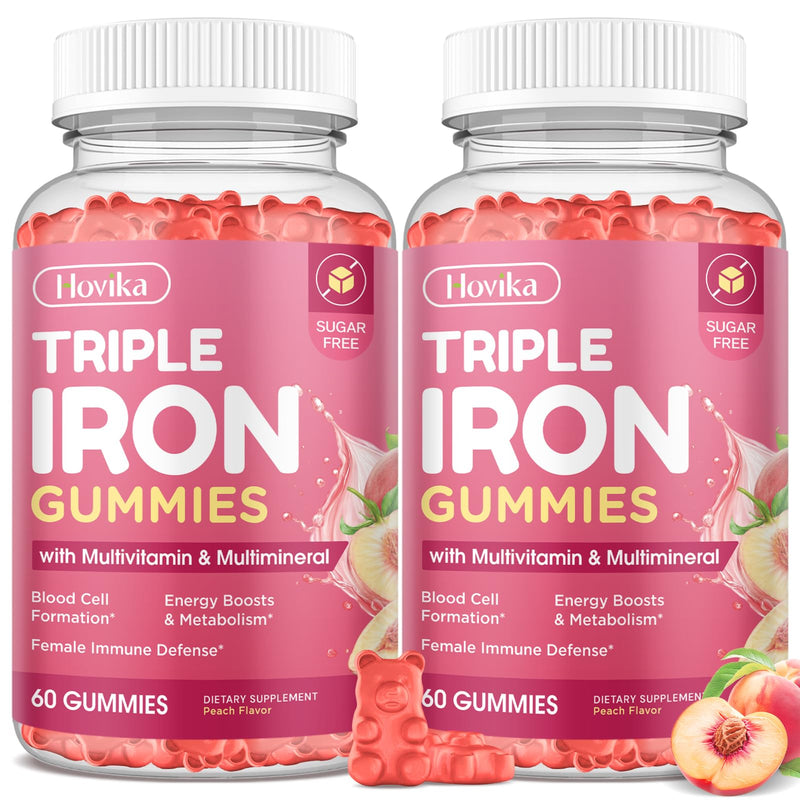 Iron Gummies for Women, Triple Iron Supplement with Multivitamin Iron Gummies with Vitamin C, A, B, Folate, Copper, Zinc for Energy & Blood Support, Immune Health, Vegan Peach, Flavor 120 Counts 120 Count (Pack of 1)