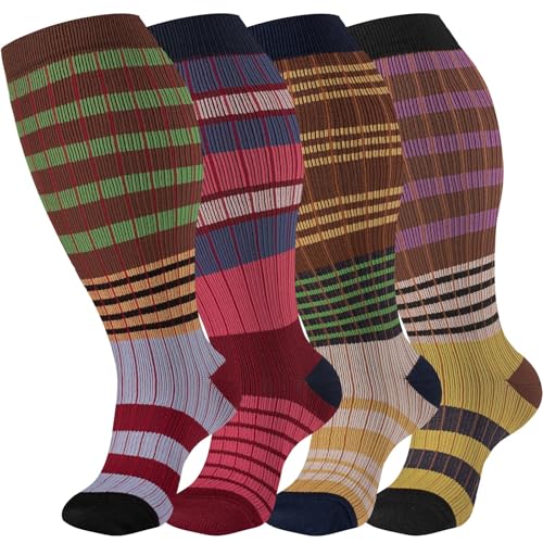 bropite 3/4 Pairs Plus Size Compression Socks for Women & Men 20-30 mmhg-Extra Wide Calf Support Socks for Medical,Running XX-Large 09- 4 Pack Brown Stripes