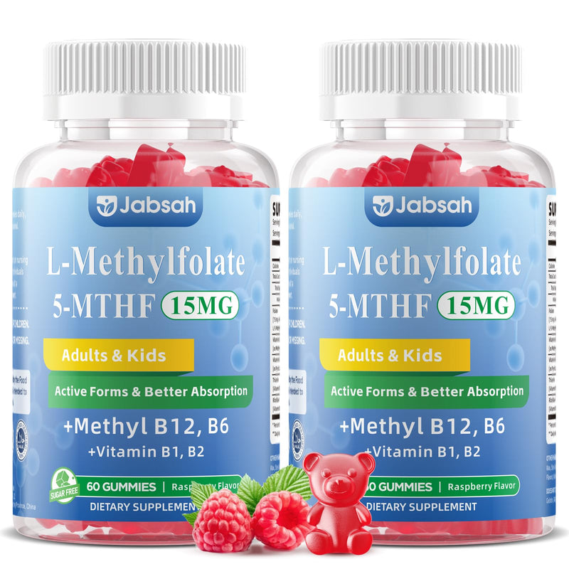 L-MethylFolate 15mg+ Methyl B12 Gummies for Kids & Adults - Active 5-MTHF with Methyl B6, B1, B2 Multivitamin, Supports MTHFR Gene, Cognition, Focus, Vegan, Raspberry Flavor, 120 Count 60 Count (Pack of 2)