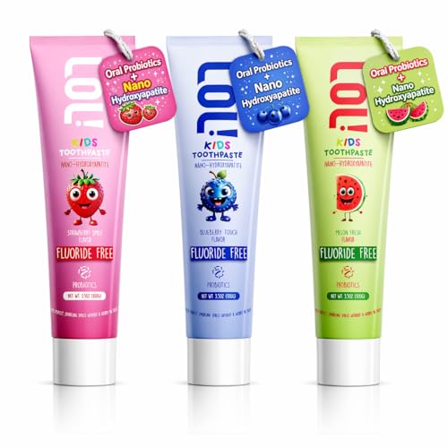 LOL! Kids Toothpaste 3 Pack – Strawberry, Blueberry & Watermelon | Fluoride Free Kids Toothpaste with Nano Hydroxyapatite & Oral Probiotics | Natural Toothpaste for Kids, Safe & Gentle