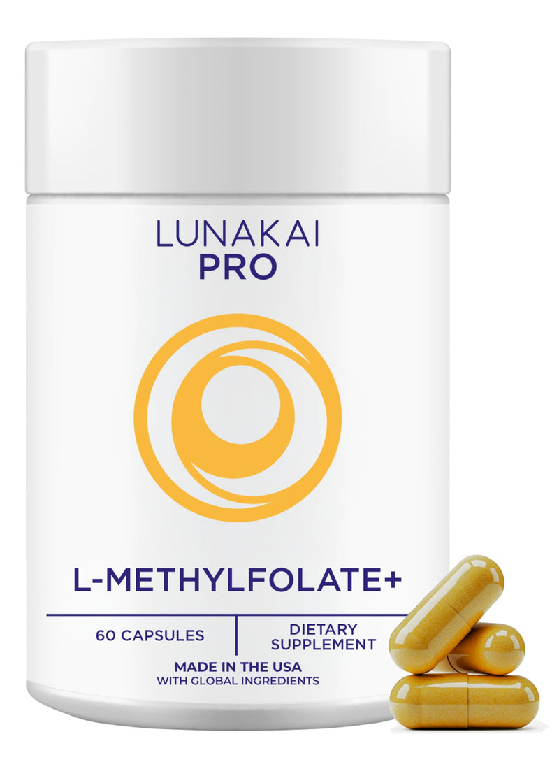 Lunakai L Methyl Folate 15mg Plus B2, B6 & Methyl B12 - Active 5-MTHF Form | USA Made, High Potency L-MethylFolate Supplement - Daily Brain, Mood & Energy Support, Non-GMO MTHFR, 60 ct