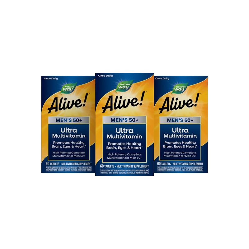 Nature's Way Alive! Men's 50 Plus Ultra Potency Multivitamin, 60 ct x3 | Complete High Potency Formula, Vitamin D3, C, E, Methyl B12, Supports Cellular Energy, Heart, Brain, & Eye Health,* 3 Pack 60 Count (Pack of 3)